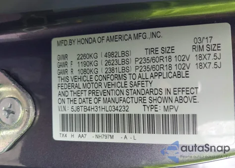 2017 Acura Rdx Acurawatch Plus Package from USA, damaged, VIN 5J8TB4H31HL034232